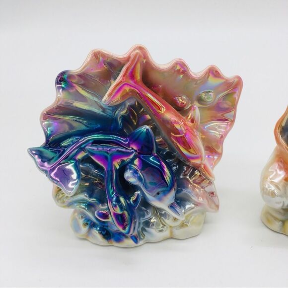 Vintage Pair Luster Dolphins Ceramic Iridescent Pearl Seashell Figurines - Picture 2 of 9